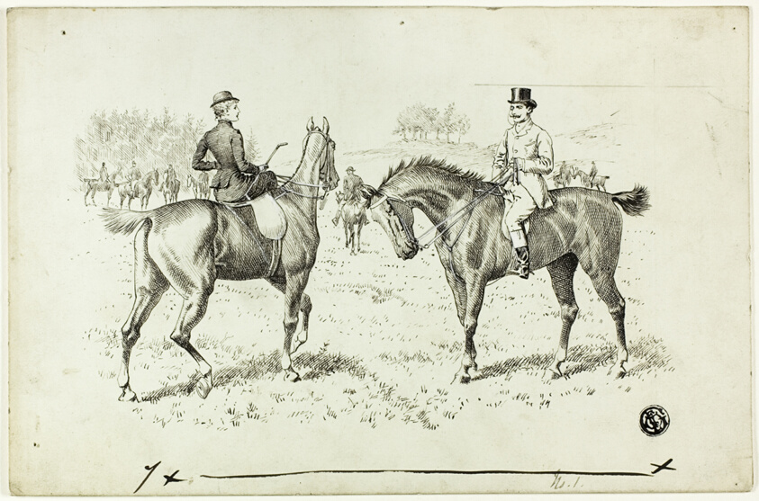 Man and Woman Riding Horses at Hunt