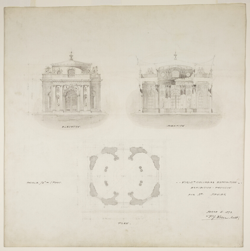 World's Colombian Exposition Chocolate-Menier Pavilion, Chicago, Illinois, Plan, Elevation, and Section