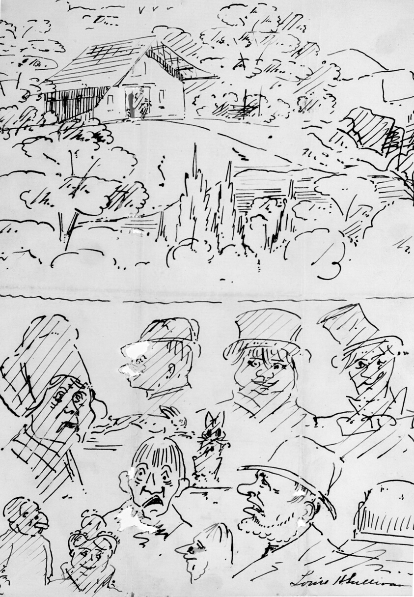 Landscape with Building (top) and Caricature Head Studies (bottom)