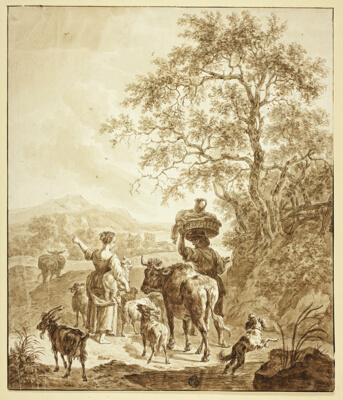 Shepherdess and Peasant with Flock in Italianate Landscape