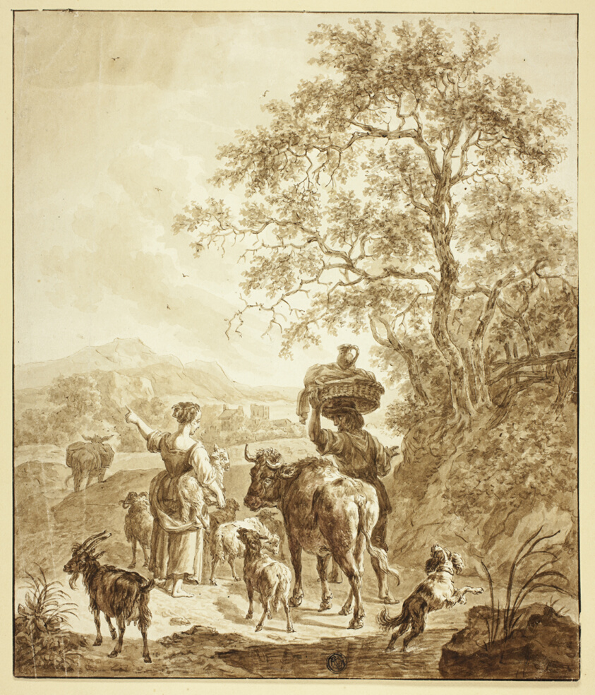 Shepherdess and Peasant with Flock in Italianate Landscape