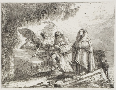 Mary and Joseph, Holding the Child, are Escorted by an Angel, plate twelve from The Flight into Egypt