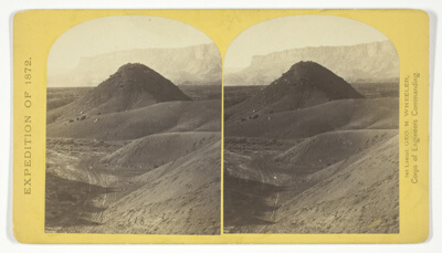 The "Vermillion Cliff," a typical plateau edge, as seen from Jacobs Pool, Arizona. From its top a plateau stretches to the right, and from its base another to the left. Their difference of level is 1.500 feet, and the step is too steep for scaling, No. 15 from the series "Geographical Explorations and Surveys West of the 100th Meridian"