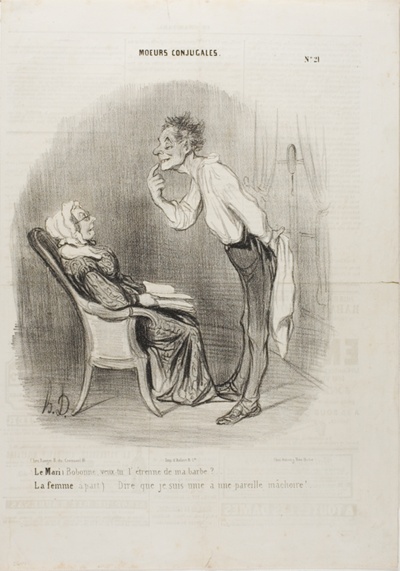 Husband: “My dear, how about a first kiss on my chin?” The wife (aside): “To think that I am married to this face!,” plate 21 from Moeurs Conjugalesa