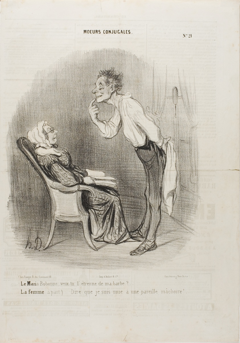 Husband: “My dear, how about a first kiss on my chin?” The wife (aside): “To think that I am married to this face!,” plate 21 from Moeurs Conjugalesa