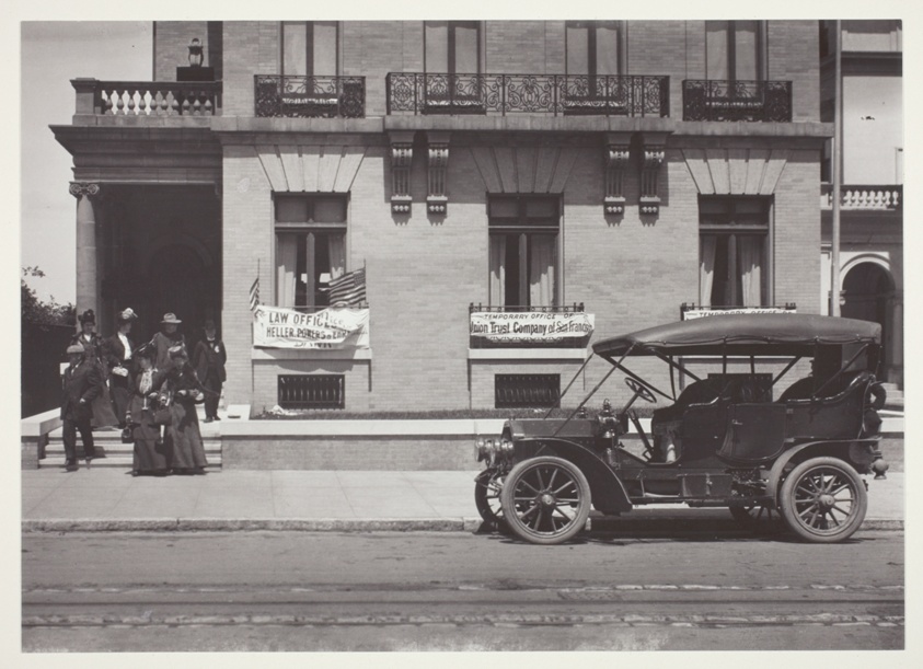 Mansion Used as Temporary Offices; old Automobile; Location Probably on Pacific Heights, San Francisco Earthquake and Fire