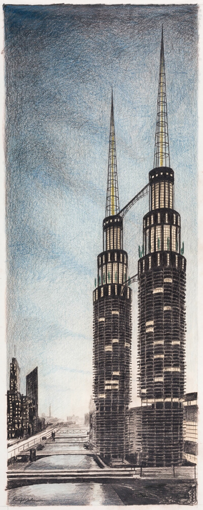 Marina City, "TOPS" Design Competition, Chicago Architectural Club, Perspective