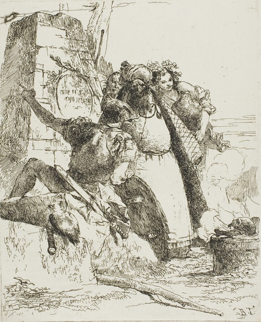 A Magician, A Soldier, and Three Figures Watching a Burning Skull, from Scherzi