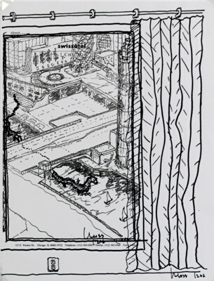 Riverness, Hotel Window to Columbus Drive Bridge Over Chicago River, Travel Sketch