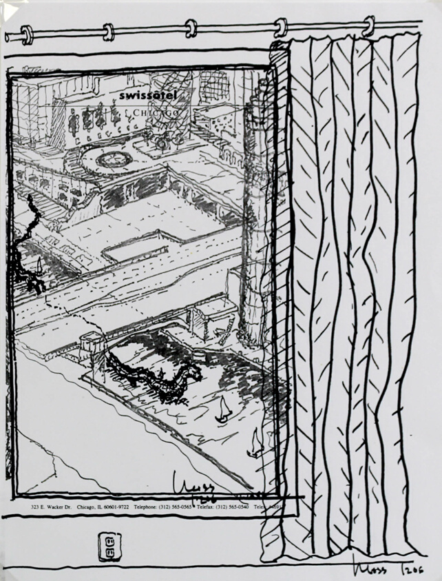 Riverness, Hotel Window to Columbus Drive Bridge Over Chicago River, Travel Sketch