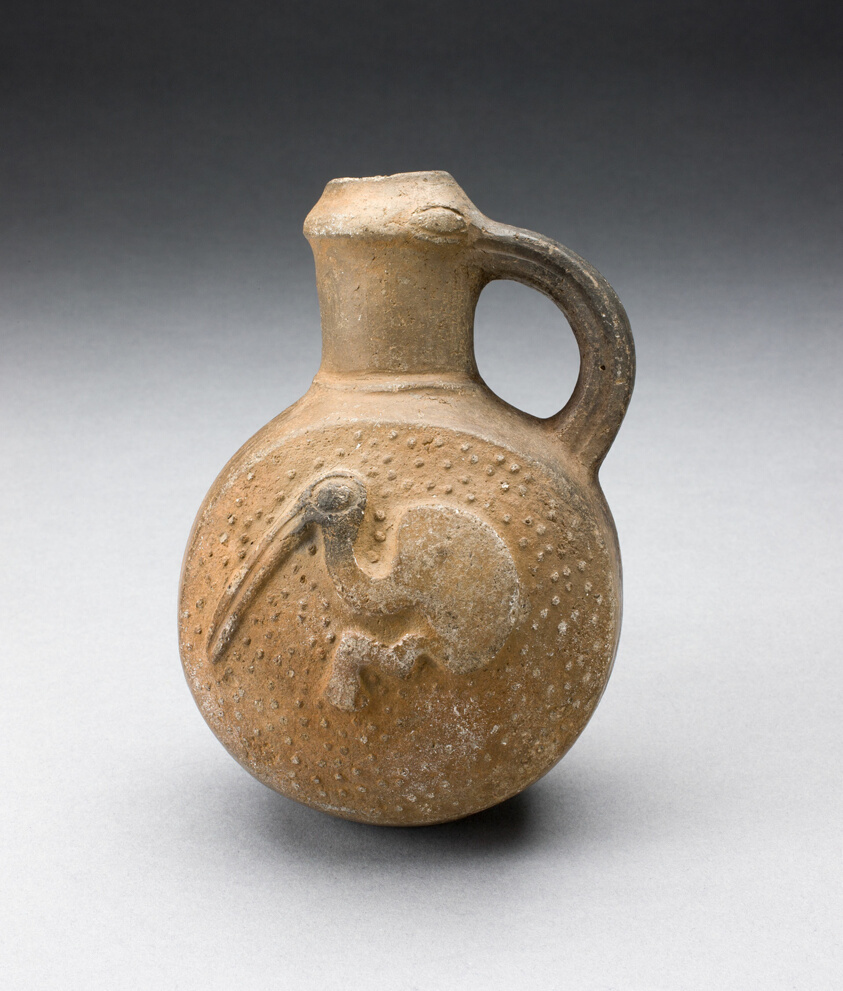 Handled Brownware Jug with Bird Impressed on Side