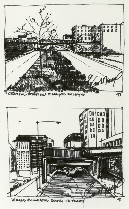 Chicago Travel Sketches, "Looking South", Central Station at Mayor Daley's