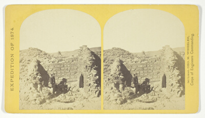 Characteristic ruin, of the Pueblo San Juan, New Mexico, on the north bank of the San Juan River, about 15 miles west of the mouth of Cañon Largo. The present race of Indians know nothing of when or by whom these buildings were constructed. The ruin is about 350 feet square, and built of natural stone, joined together by a mud cement, No. 43 from the series "Geographical Explorations and Surveys West of the 100th Meridian"