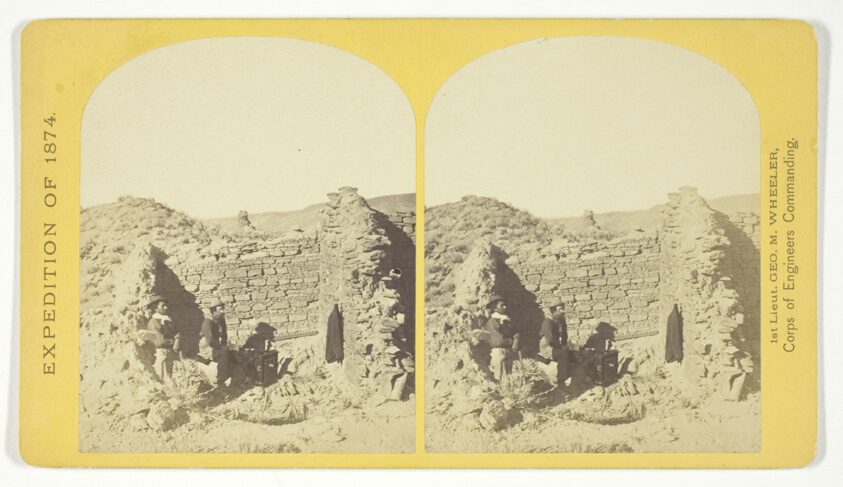 Characteristic ruin, of the Pueblo San Juan, New Mexico, on the north bank of the San Juan River, about 15 miles west of the mouth of Cañon Largo. The present race of Indians know nothing of when or by whom these buildings were constructed. The ruin is about 350 feet square, and built of natural stone, joined together by a mud cement, No. 43 from the series "Geographical Explorations and Surveys West of the 100th Meridian"
