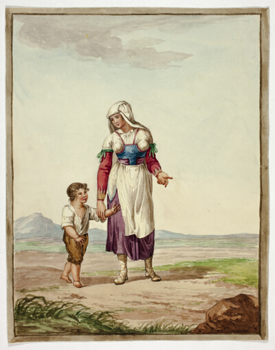 Woman in Native Costume with Boy on Road