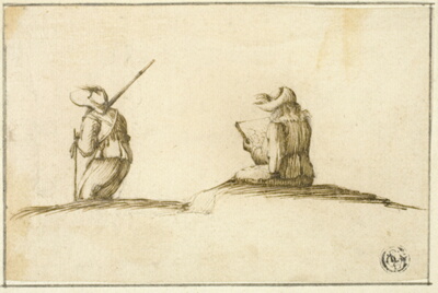Artist Sketching, and Soldier, Both Seen from Back