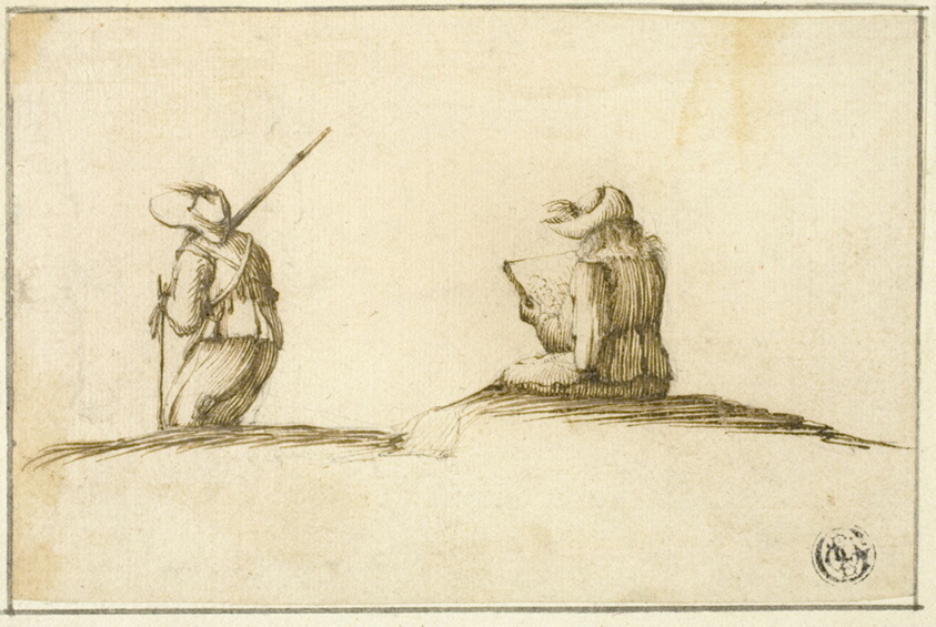 Artist Sketching, and Soldier, Both Seen from Back