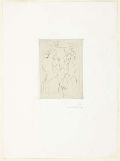 Woman Looking in a Mirror, Adjusting Her Hat
