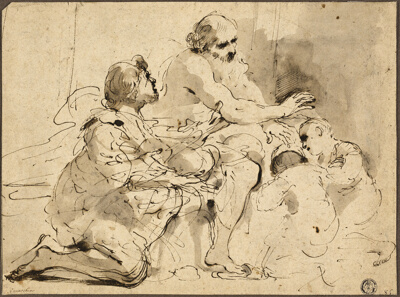 Study for Jacob Blessing the Sons of Joseph (recto); Sketches: Saint Christopher; Two Figures in Conversation over Money (verso)