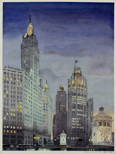 Chicago Sketch, Michigan Avenue at Dusk, Chicago, Illinois, Presentation Drawing