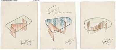 Furniture Designs, Tables, Glass and Molded Plywood, Presentation Drawings