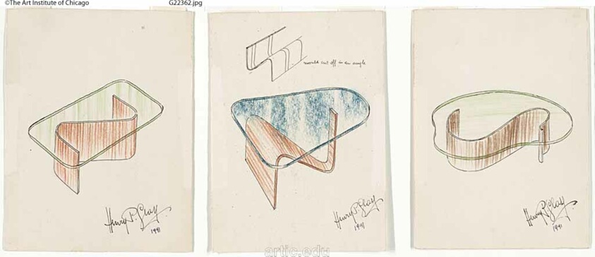 Furniture Designs, Tables, Glass and Molded Plywood, Presentation Drawings