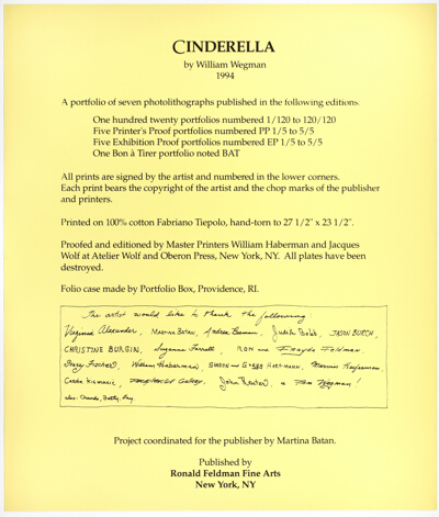 Title Page and Colophon (recto), and Process Description (verso), from Cinderella