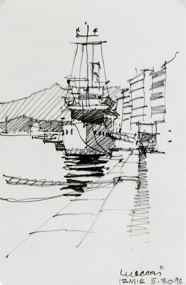 View of Ship at Harbor Quay, Izmir, Turkey, Travel Sketch