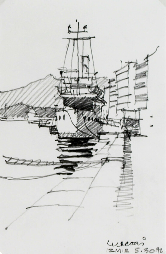 View of Ship at Harbor Quay, Izmir, Turkey, Travel Sketch