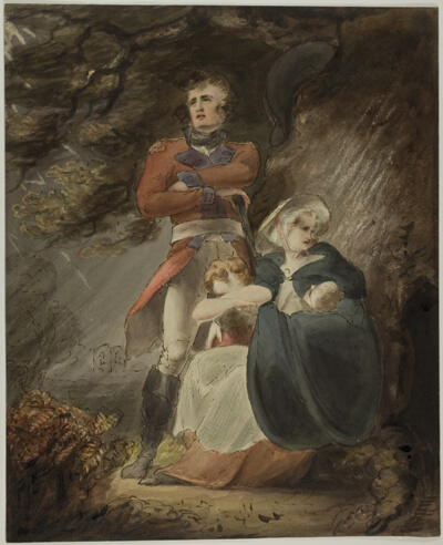 Officer Seeking Shelter with his Wife and Children from a Storm (recto); Sketch of Castle on Hill (verso)