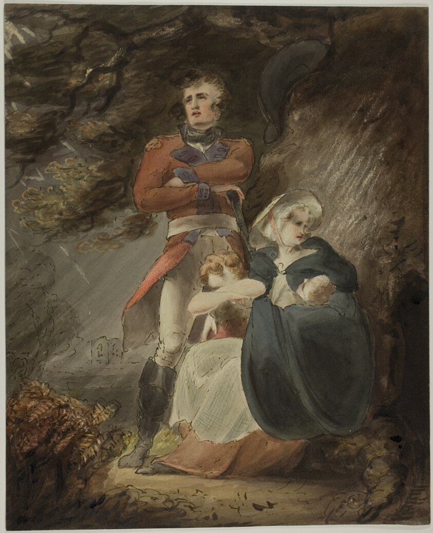 Officer Seeking Shelter with his Wife and Children from a Storm (recto); Sketch of Castle on Hill (verso)