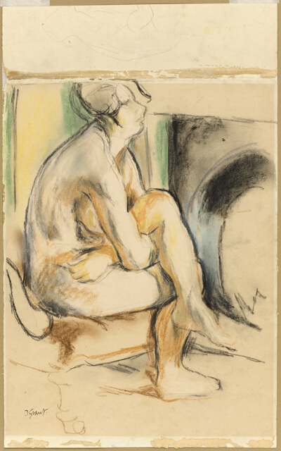 Female Nude Near Fireplace, Arms and Legs Crossed