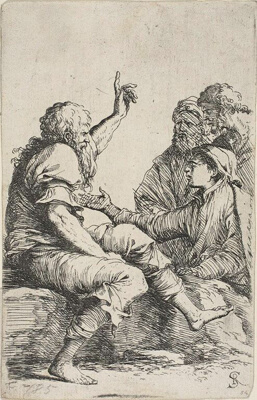 A bearded old man seated on a rock and making a hortatory gesture toward three men opposite him, from Figurine series