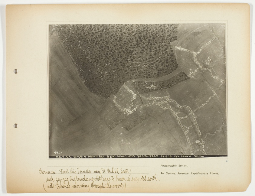 German front line trenches (St. Mihiel Sector). Dark zig-zag line, trenches and white edge to trench is excavated earth. (Note trenches running through the woods), N.W. Limey