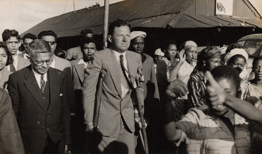 Defiance Campaign Trial (Patrick Duncan, on crutches, defying with Manilal Gandhi)