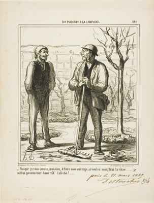 “- You seems to enjoy doing my work. In exchange I could offer doing your job: I will go for a ride in your coach!,” plate 249 from Les Parisiens A La Campagne
