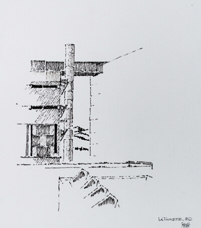View Across Courtyard of La Couvent Ste.-Marie-de-la-Tourette, Eveux-sur-l'Arbresle, France, Travel Sketch