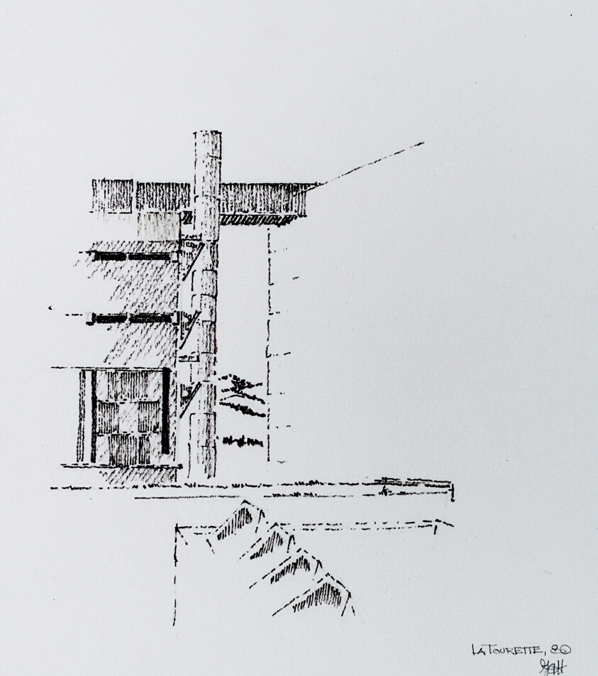 View Across Courtyard of La Couvent Ste.-Marie-de-la-Tourette, Eveux-sur-l'Arbresle, France, Travel Sketch