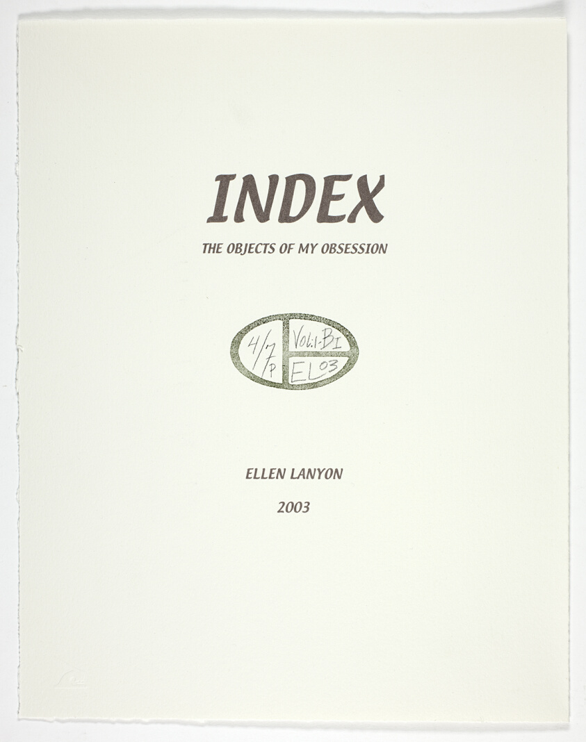 Title Page for Volume I, Book I, Personae, from Index: The Objects of My Obsession