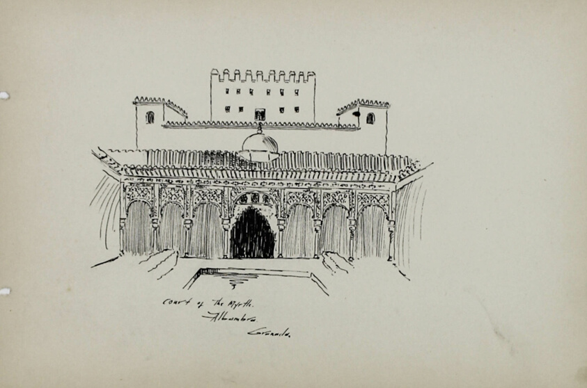 Court of the Myrtle, Alhambra, Grenada, Spain, Travel Sketch