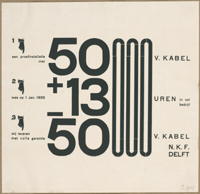 Advertising insert for N.K.F. Delft ("...50000 ... 13000 ... 50000..”)