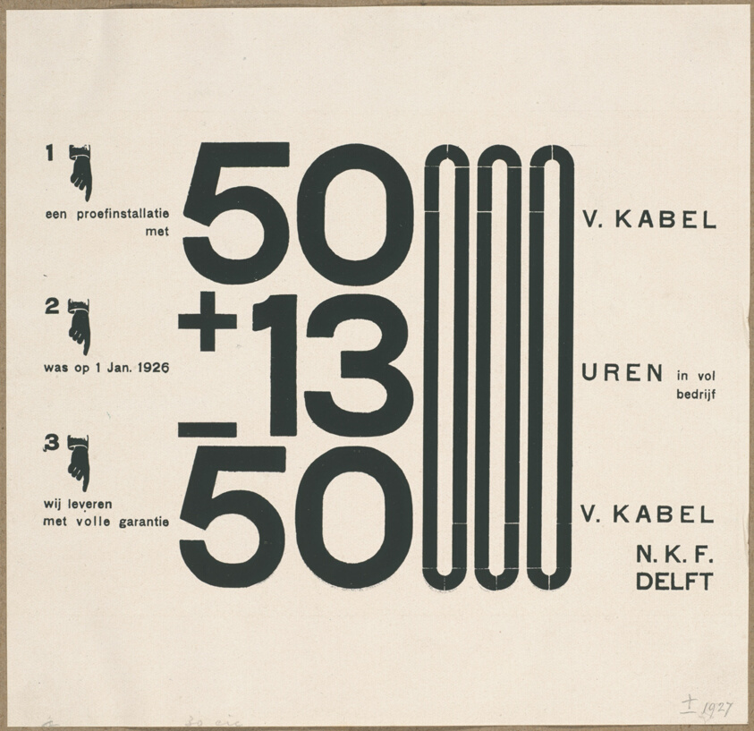 Advertising insert for N.K.F. Delft ("...50000 ... 13000 ... 50000..”)